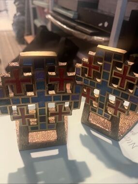 Vintage 1969 Terra Sancta Guild brass and enamel Jerusalem cross bookends GB2